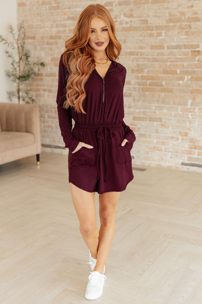 Getting Out Long Sleeve Hoodie Romper in Maroon