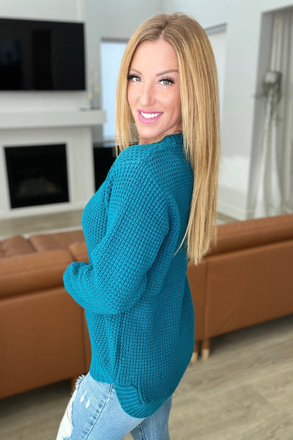 High Low Waffle Knit Sweater in Ocean Teal