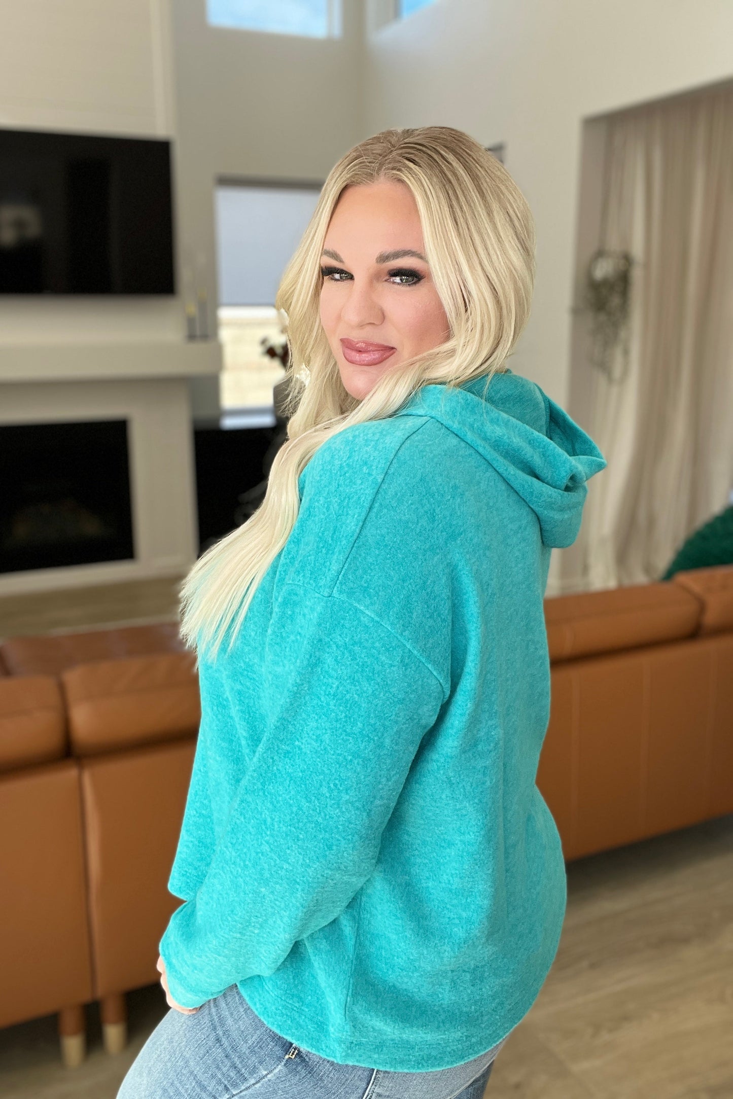 Hooded Melange Brushed Hacci Sweater in Light Teal